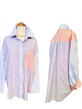 GEEGEE Oversized Blue & Pink Striped Button Down Shirt Dress w Chest Pocket